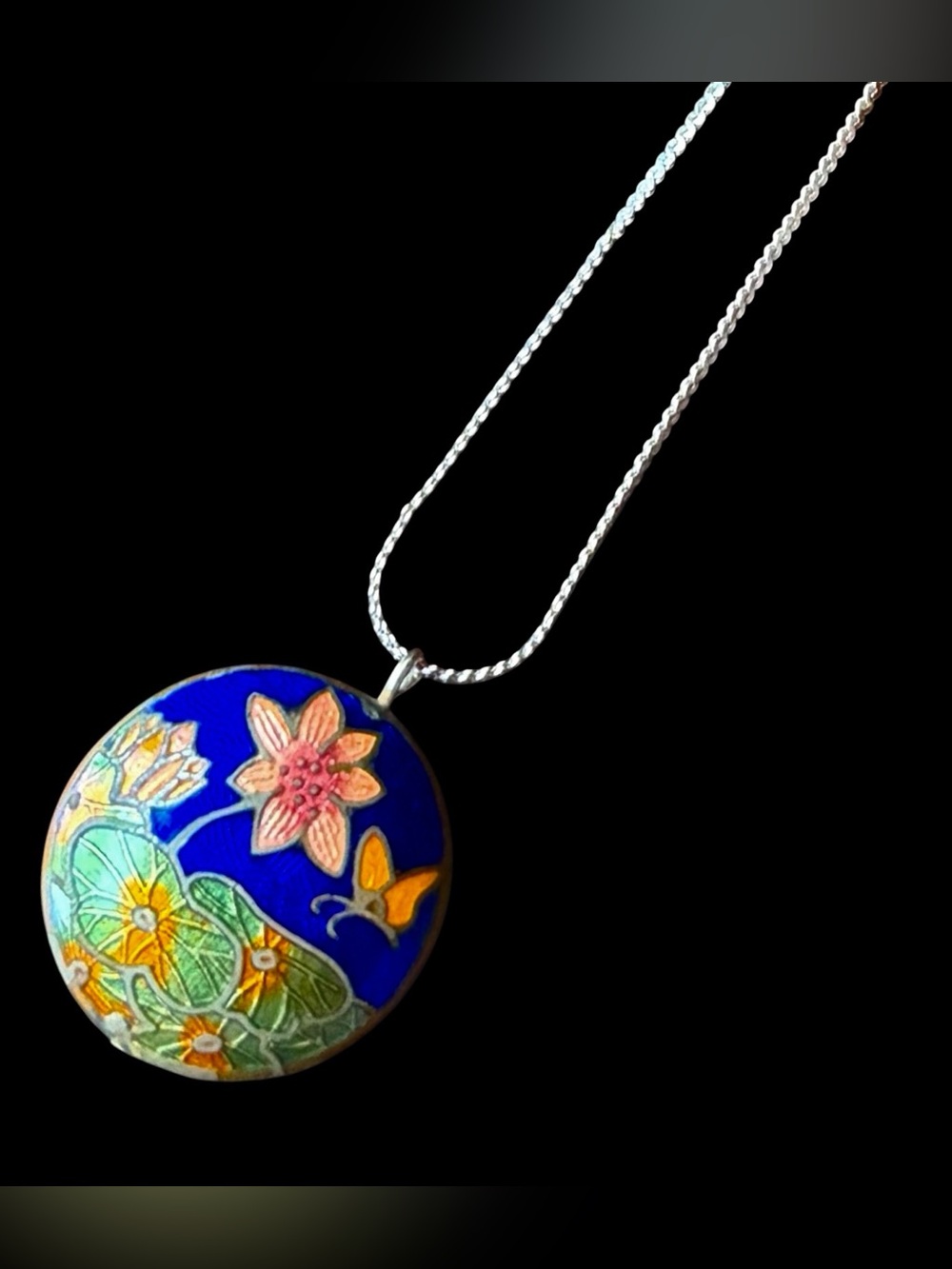 Vintage Double Sided Cloisonné Pendant Necklace